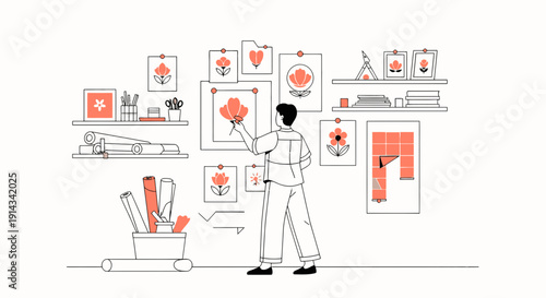 Artist Arranging Floral Artworks on Wall with Sketches and Supplies
