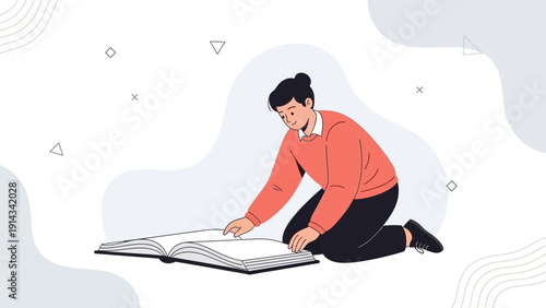 Young person reading an open book, learning and studying concept, flat design illustration