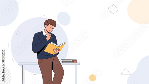 Young Man Reading Book at Desk