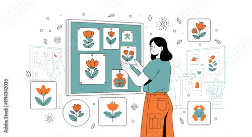 Artist Arranging Floral Artworks on Display Board, Creative Studio