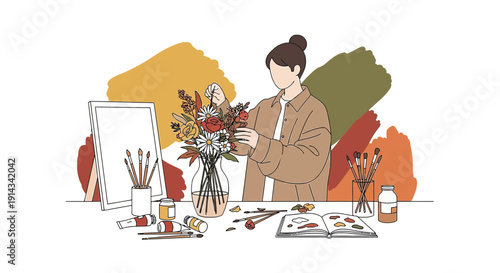 Artist Arranging Flowers in Vase with Painting Supplies - Creative Lifestyle