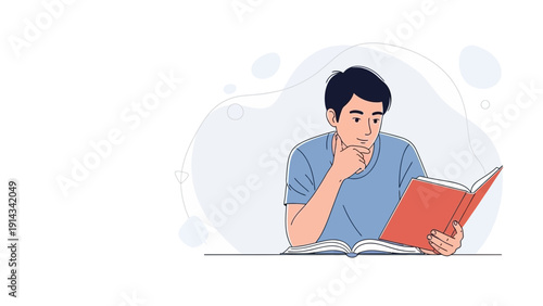 Young man reading a book, thinking, studying, knowledge, learning, education concept