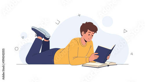 Young man lying down reading a book, illustration, modern flat design