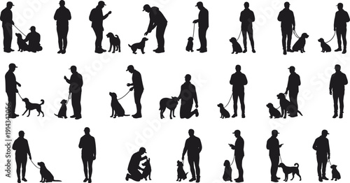 Silhouettes of people training dogs, pet obedience, man with dog on leash, walking, sitting, interacting, dog trainer, black figures on white background, illustration
