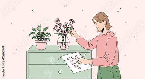 Artist Arranging Flowers, Sketching Floral Designs, Home Decor Illustration