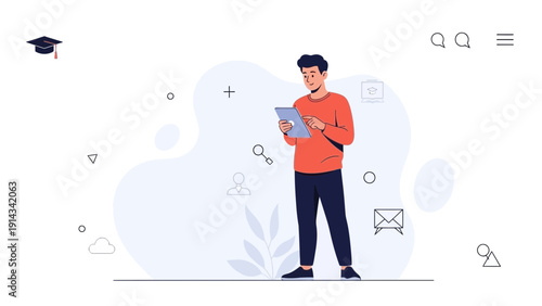 Young man with tablet, digital learning, online education, modern lifestyle