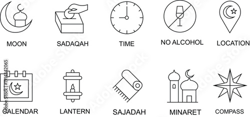 Islamic icon set of mosques hands crescent stars lanterns mandalas and geometric ornaments symbol Ramadan Kareem icons vector set, Islamic culture symbol, Eid Mubarak outline icon, Ramadan elements 