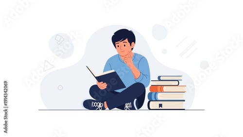 Young boy reading a book, sitting cross-legged, surrounded by books, illustration