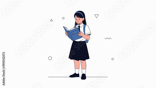 Young schoolgirl reading a book, standing with backpack, minimalist flat illustration