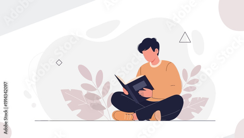 Young Man Reading Book Outdoors, Studying, Relaxing, Lifestyle Flat Illustration