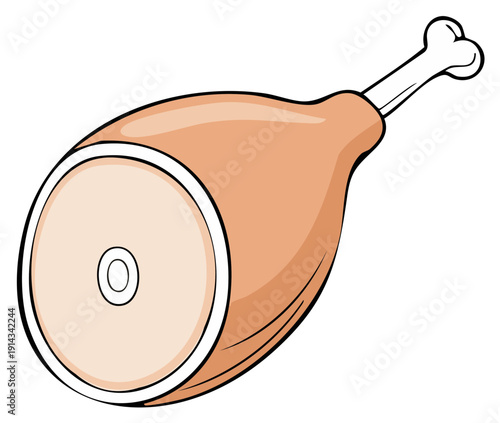 Cartoon illustration of a cooked ham hock with bone protruding isolated on white background