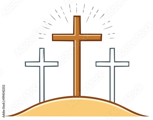 Three stylized Christian crosses on a hill with a glowing central cross symbolizing faith and sacrifice