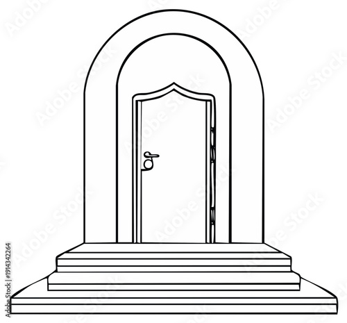Arched Doorway Leading Up Steps with Decorative Frame black and white Line Art illustration