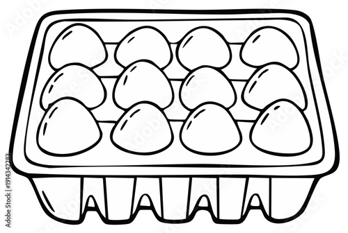 Cartoon illustration of a dozen eggs in a white cardboard carton ready for cooking or baking