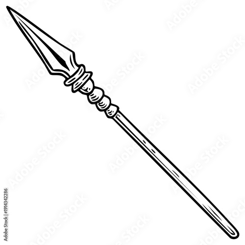 Spear illustration, black and white outline. Weapon for hunting or combat.