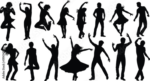 Silhouettes of people dancing and jumping in various expressive poses featuring men and women in casual clothing for party celebration music events and active lifestyle movement