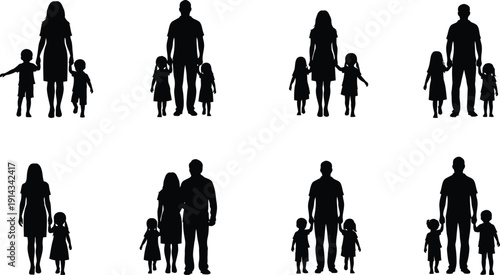 Family silhouettes set showing parents holding hands with children including father mother son and daughter icons for social community parenting and relationship concept designs