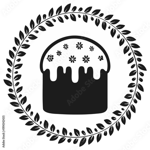 Iconic Easter Cake Silhouette with Sugar Glaze and Floral Decoration Framed by a Decorative Leaf Wreath for Spring Holiday