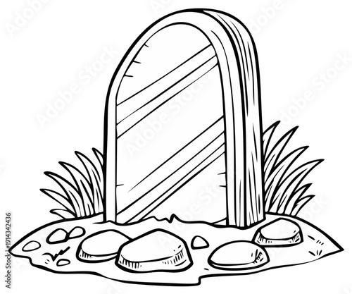 Simple hand drawn outline of a tombstone with grass and rocks on a small mound