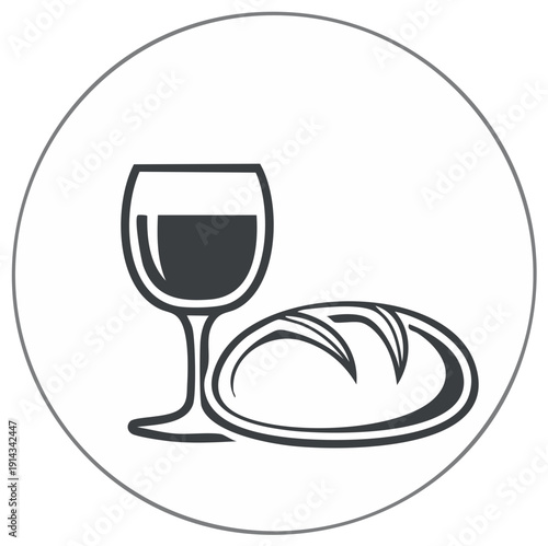 Iconic representation of communion elements, a glass of wine and loaf of bread