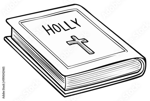 Black and white outline illustration of a closed Holy Bible with a cross symbol