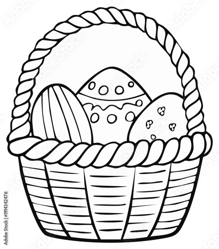 Whimsical illustration of an Easter basket filled with decorated eggs, perfect for seasonal crafts and coloring pages.