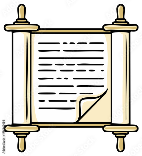 Cartoon illustration of a scroll with text, a rolled parchment with ornate handles