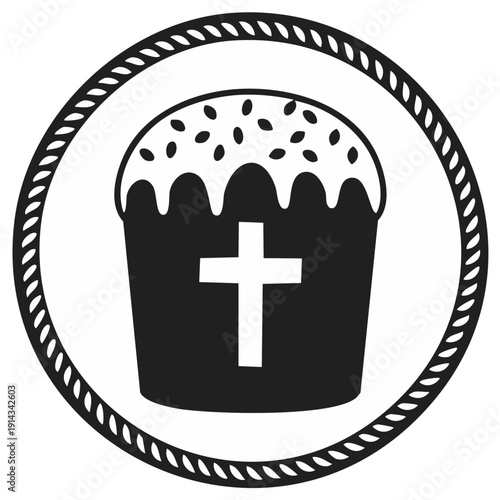 Iconic Easter cake with cross symbol inside a rope circle in black and white.