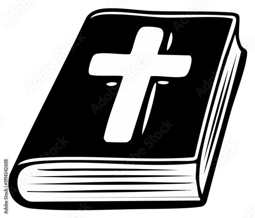 Black and White Bible Illustration with a Cross Symbol on the Cover