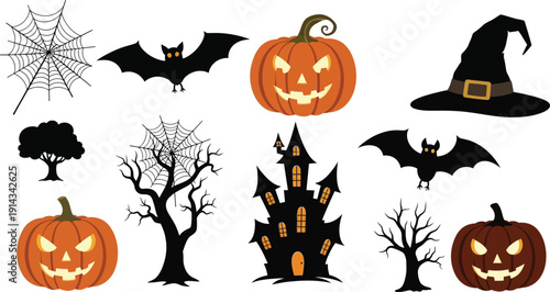 Variety of halloween themed items including pumpkins haunted house witch hat bats spiderwebs trees on transparent background