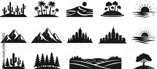 Natural landscape silhouettes collection featuring desert cactus scene palm trees tropical island beach sunset mountains forest hills pine trees urban city skyline horizon set