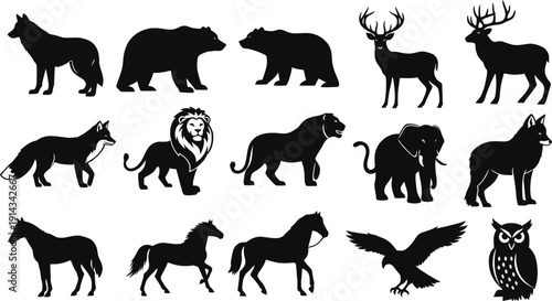 Wild animal silhouettes set including wolf bear deer elk fox lion elephant horse eagle owl standing and walking poses for wildlife nature conservation and outdoors design art