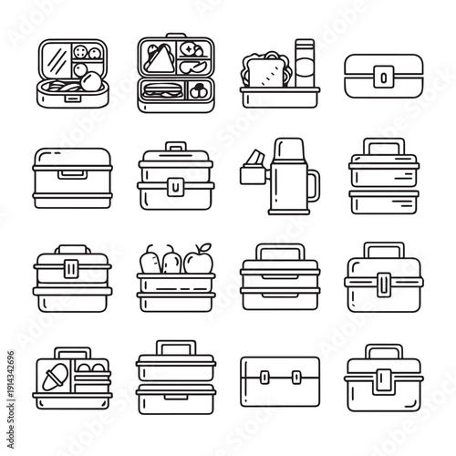 Collection of Line Art Icons for Lunch Boxes, Food Containers, and Thermos