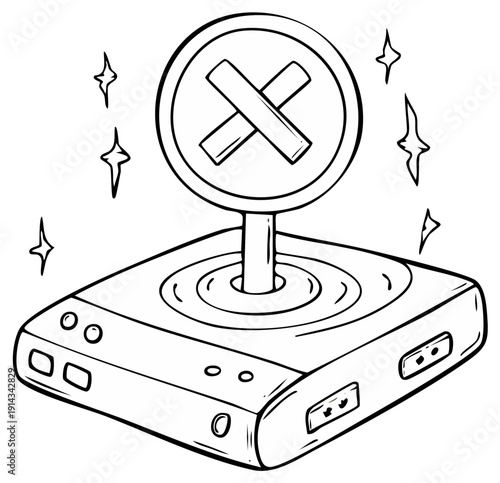 Cartoon videogame console with a prohibition sign on the top.