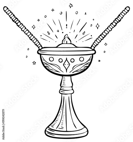 Censer Ritual Object with Chains and Rising Smoke Outline Illustration