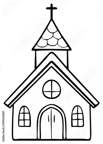 Simple Line Drawing of a Charming Church with Steeple and Cross