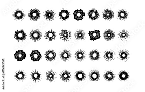 Collection of circular geometric silhouettes with radial symmetry on white background