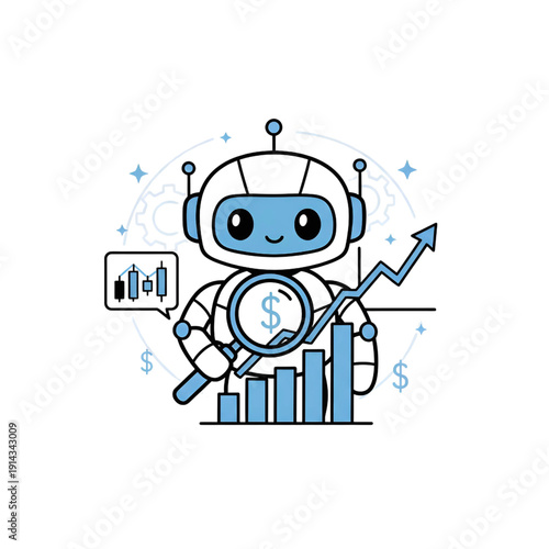 Cute AI Robot Analyzing Financial Market Trends with Magnifying Glass and Data Charts