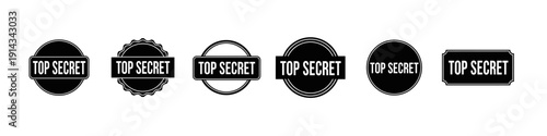 Top secret badges in monochrome silhouette style for confidential design projects