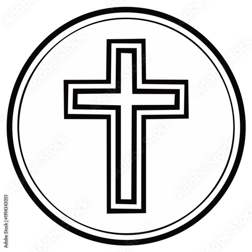 Black and white Christian cross outline inside a circle symbol design for church, religion, faith, or religious concept