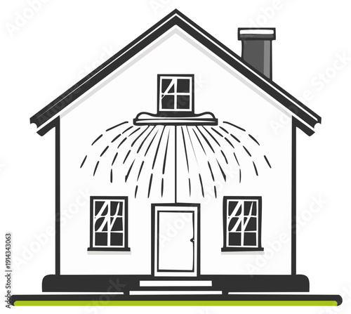 House with sprinkler system watering lawn and roof line for cooling