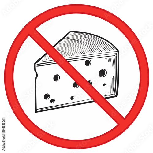 Cheese prohibition sign icon in modern style. Vector illustration of red stop sign, for food intolerance and allergy