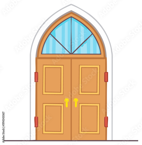 Classic wooden double door with a gothic arch and window vector illustration
