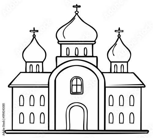 Orthodox Christian Church Building Exterior Outline with Domes and Crosses