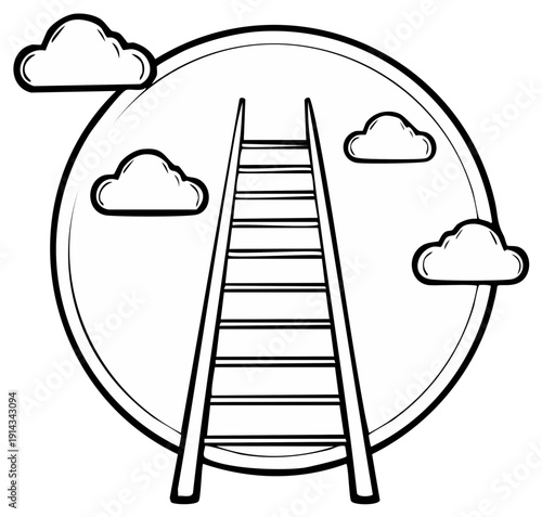 Stairway or Ladder to Heaven with Clouds Icon Concept in Outline Style