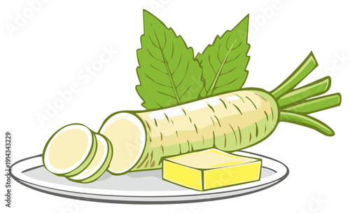 Illustrated daikon radish slices with butter and leaves on plate food product