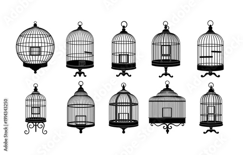 Collection of vintage ornate bird cages in black silhouette style
