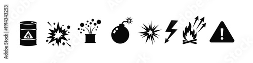 Hazardous materials safety symbols in black silhouette design