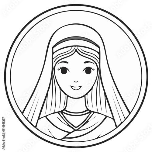 Woman Portrait in Circle Frame, Black and White, Line Art