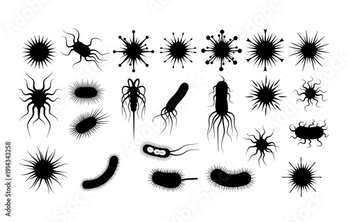 Diverse silhouette collection of bacteria and virus shapes